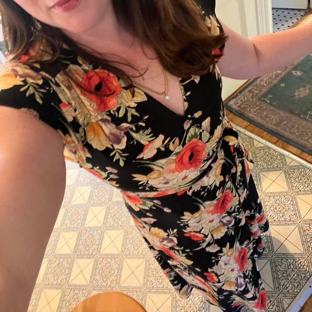 Anthropologie Dark Floral WRAP Midi "Home Spun Romance" Dress Black L 10 12 - Picture 7 of 7